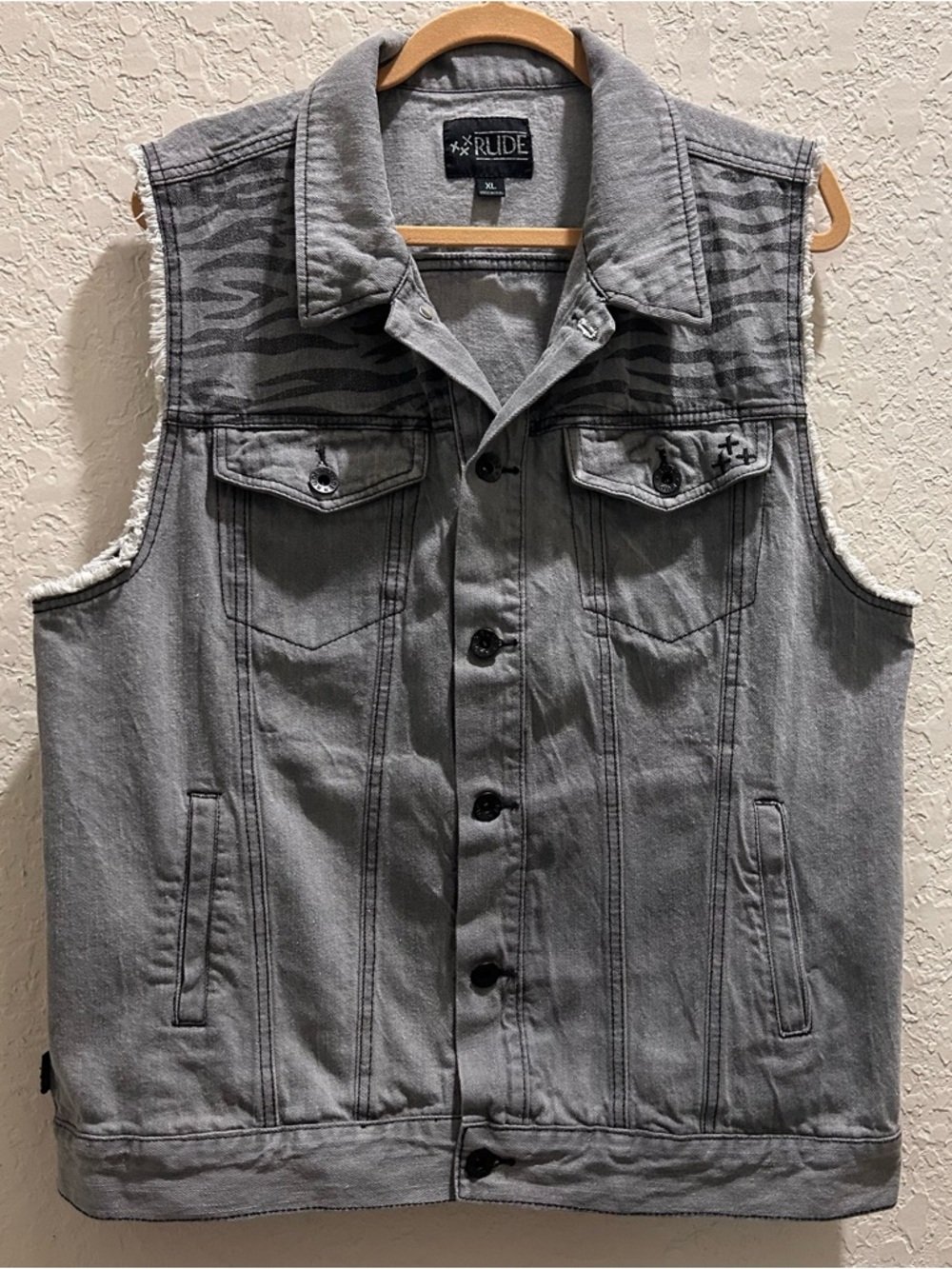 XXX Rude Denim Vest Mens Size XL Gray Stone Wash Grunge Trucker- Tiger Print